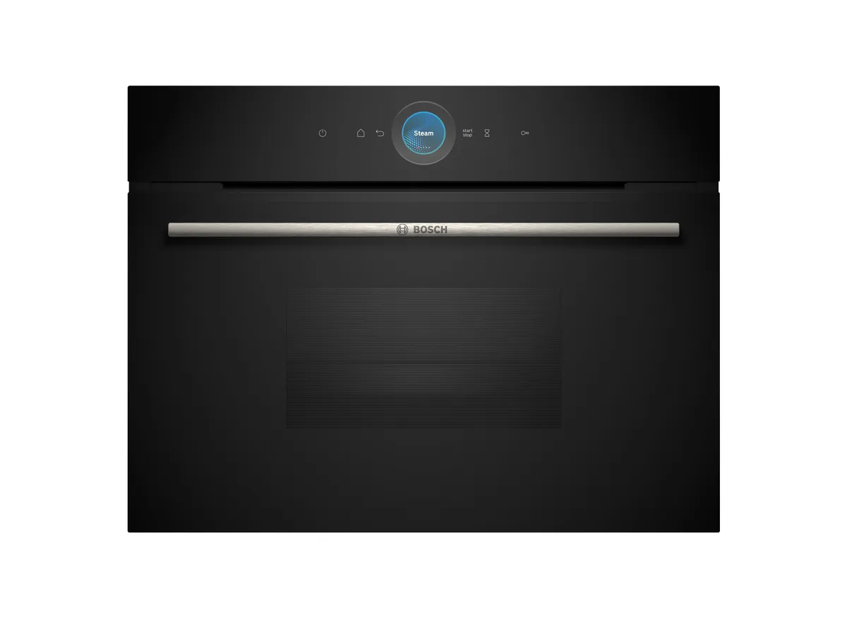 Um forno preto elegante da Bosch com um painel de controle digital e uma pega em aço inoxidável.