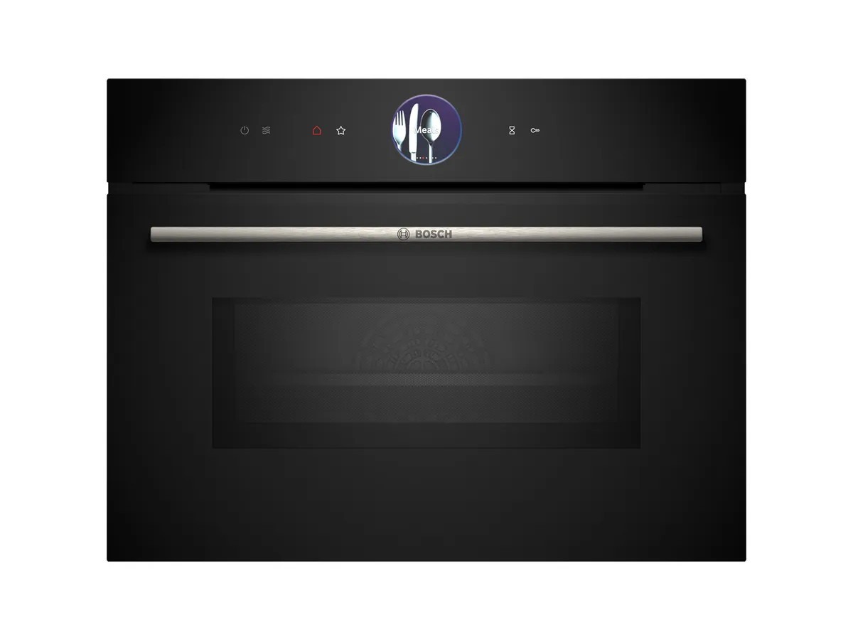 Forno embutido preto Bosch com um design elegante e um painel de controle digital com ícones de cozedura.