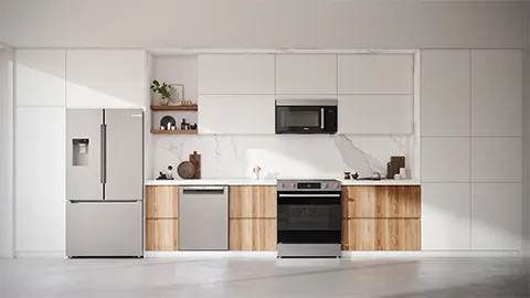Bosch 100 Series Stainless Steel Kitchen with white and oak cabinet kitchen