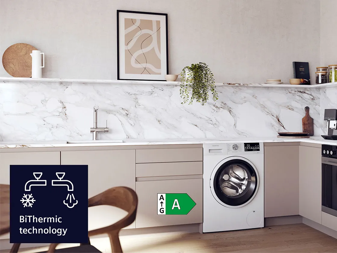 Siemens unterbaufähige Waschmaschine, die auch an Warmwasser angeschlossen werden kann.