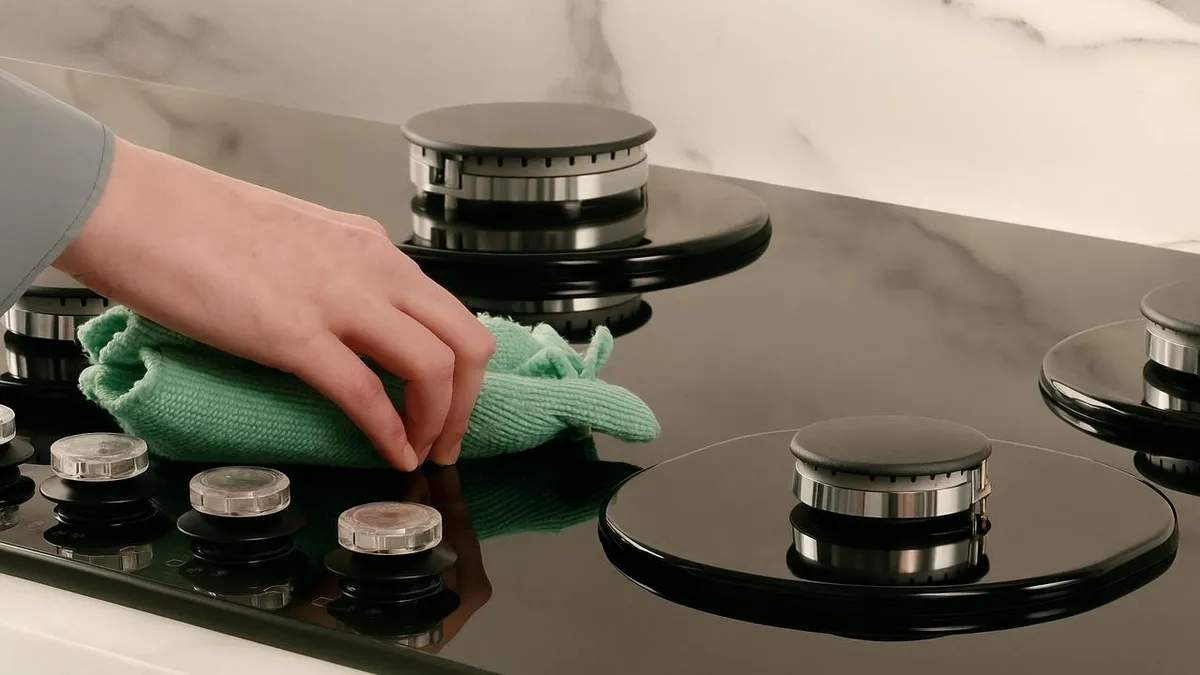 Hand reinigt Gaskochfeld