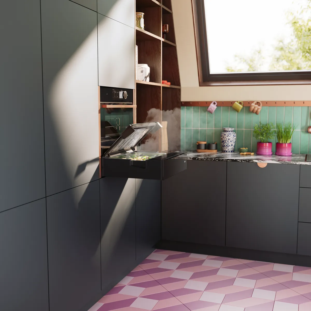 Eine elegante schwarze Dampfschublade mit Teigtaschen und sautiertem Gemüse, dazu eine kleine Schüssel mit Sauce, in einer modernen Küche.