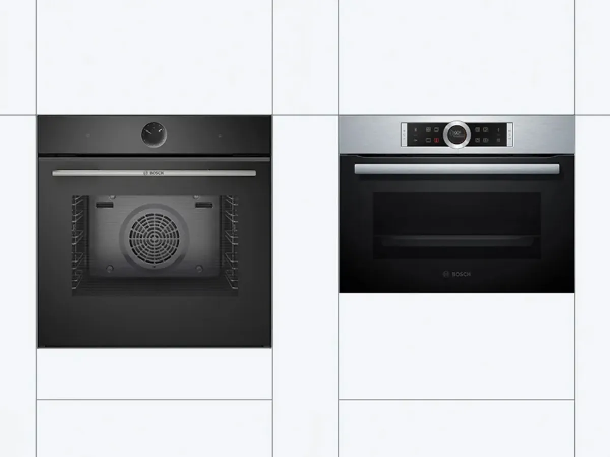 Black Bosch built-in oven featuring a sleek design and a digital control panel with cooking icons.
