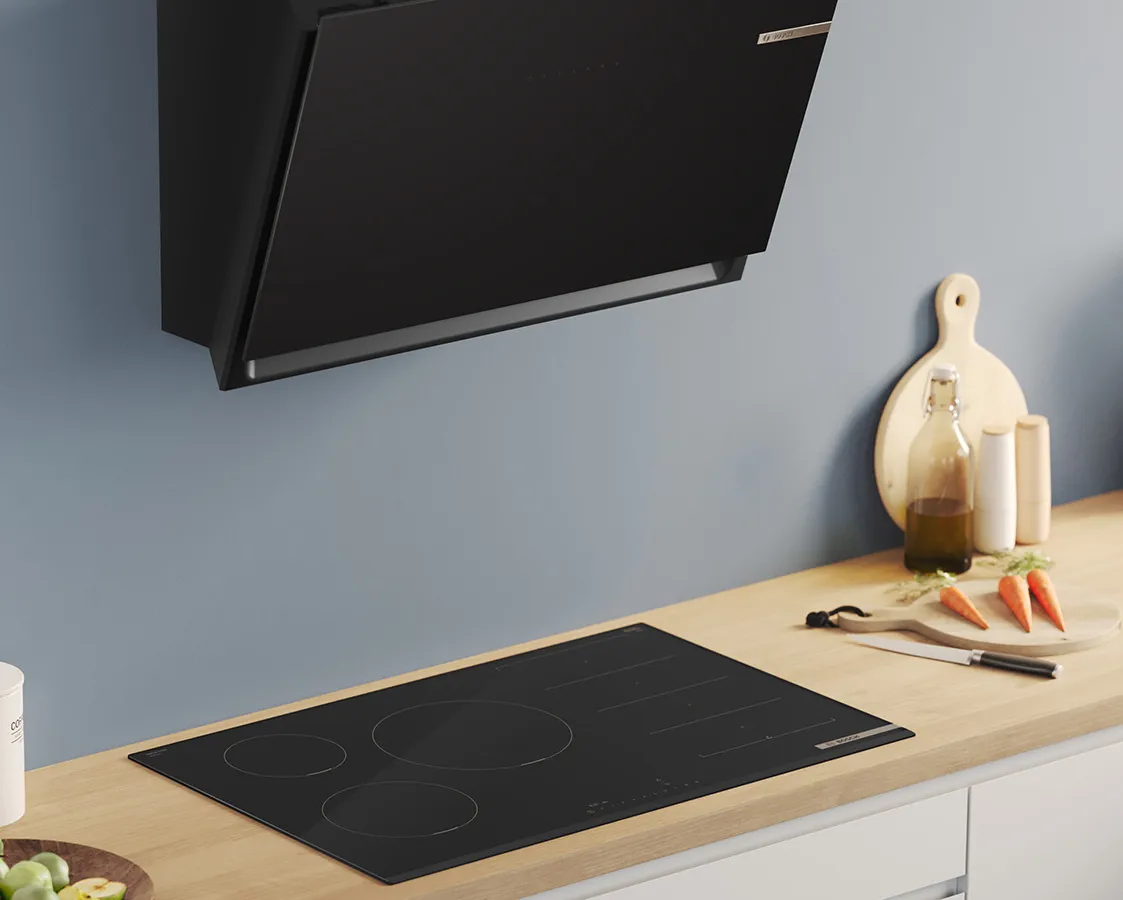 Kitchen worktop with wall mounted hood and 'directions' icon overlay.
