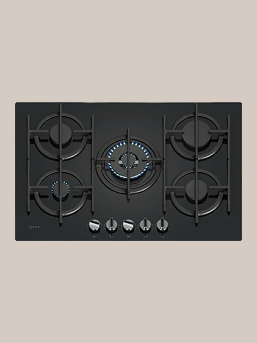 Top view of a black gas cooktop featuring three burners: one large burner with blue flame and two smaller burners, with control knobs located at the front.
