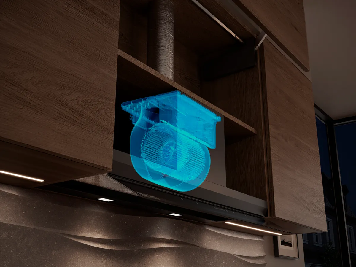 Un sistema di cappa da cucina con un'overlay digitale che mostra i componenti interni della ventola.