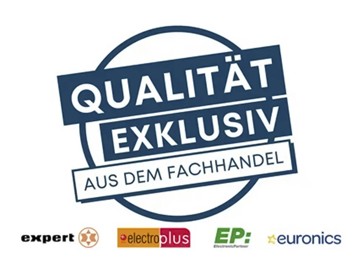 Logo "Qualität Exklusiv aus dem Fachhandel"; mit den Logos von expert, electroplus, EP: und Euronics darunter.