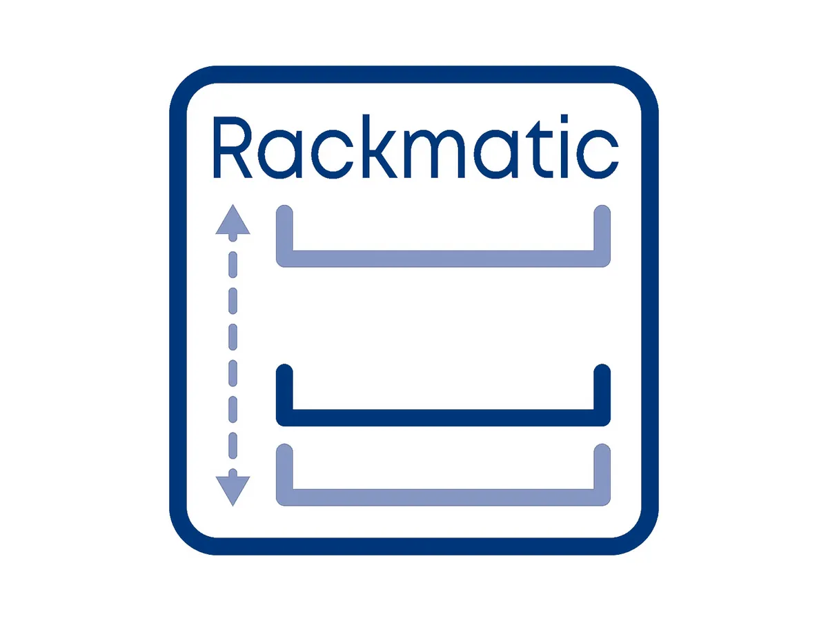 Logo für Rackmatic mit dem Wort "Rackmatic" über drei horizontalen Linien und vertikalen Pfeilen, die verstellbare Ebenen anzeigen.