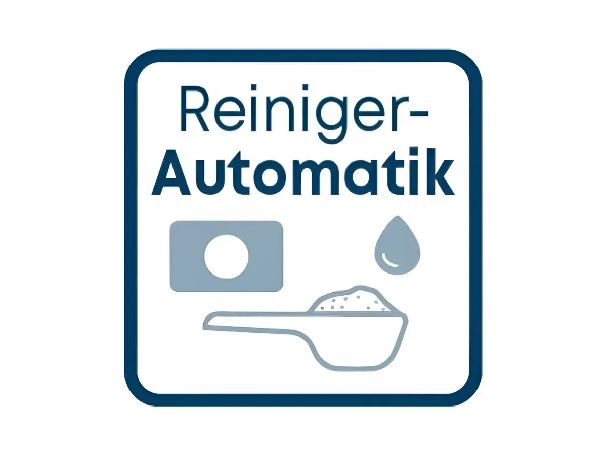 Icon mit 'Reiniger-Automatik' und Symbols von einem Geldschein, einer Wassertropfen und einem Messlöffel für Reinigungsmittel.
