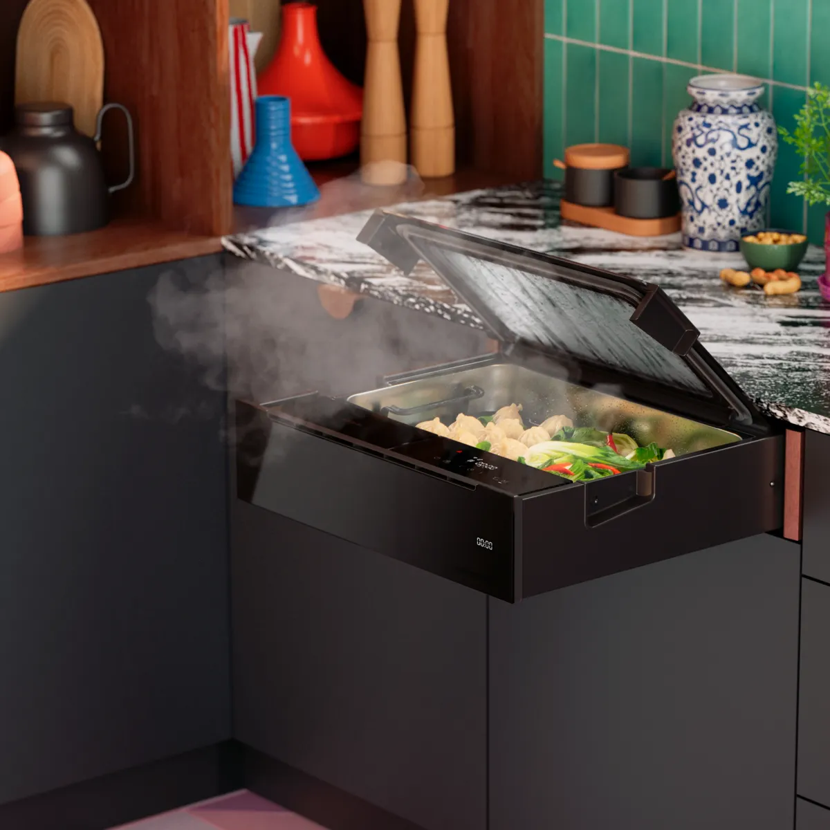 Eine moderne Küchenszene mit einer Dampfschublade voller Gemüse, eleganten Schränken und bunten Dekorelementen.