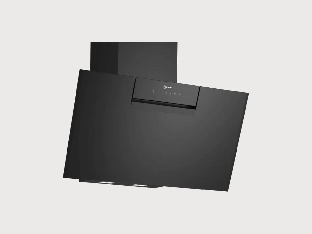 Sleek black kitchen hood with wood accents and touch controls, designed for modern kitchens to efficiently ventilate cooking odors.