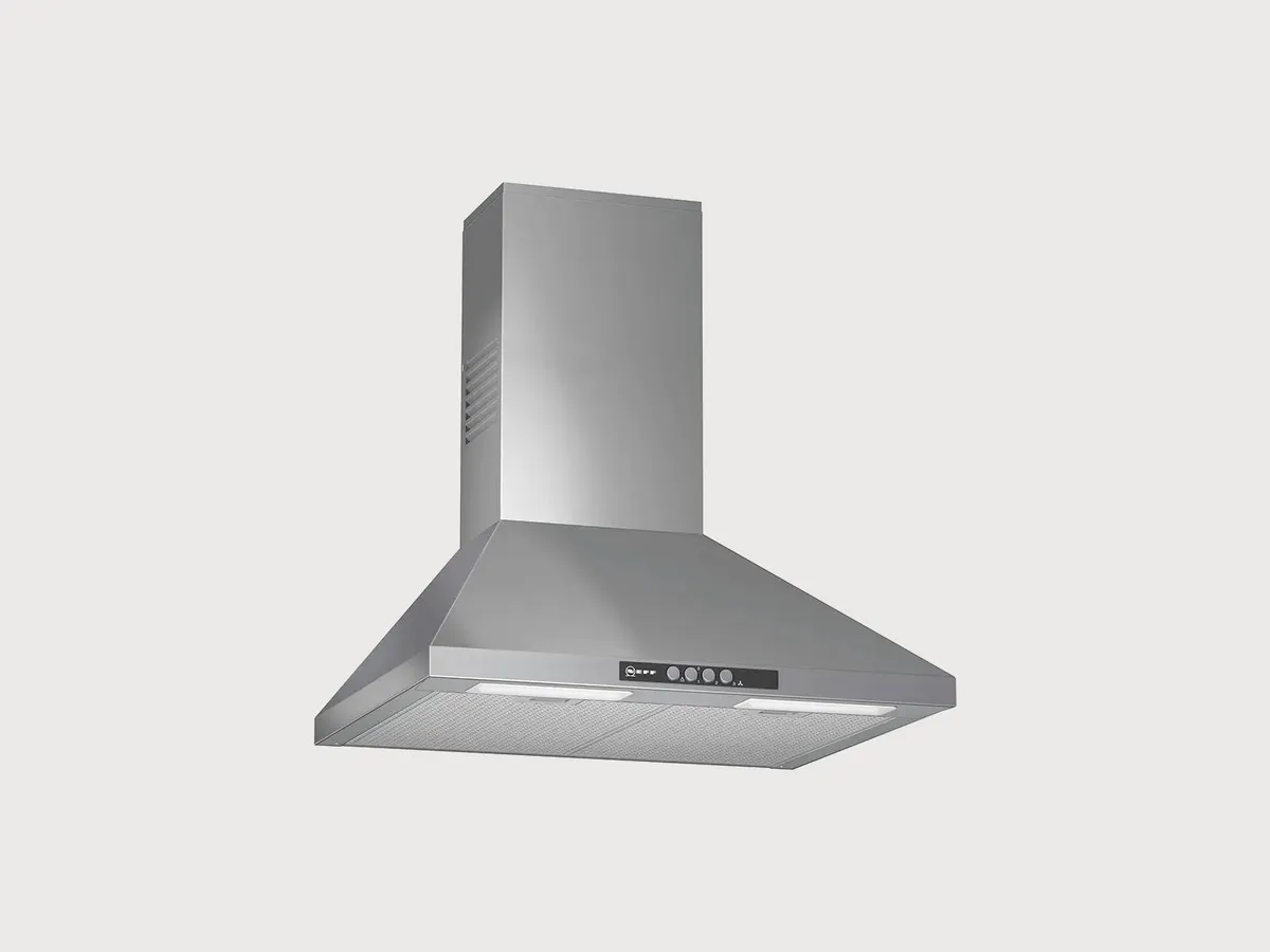 A sleek stainless steel kitchen hood with a pyramid shape, featuring control buttons and built-in lights for efficient ventilation.