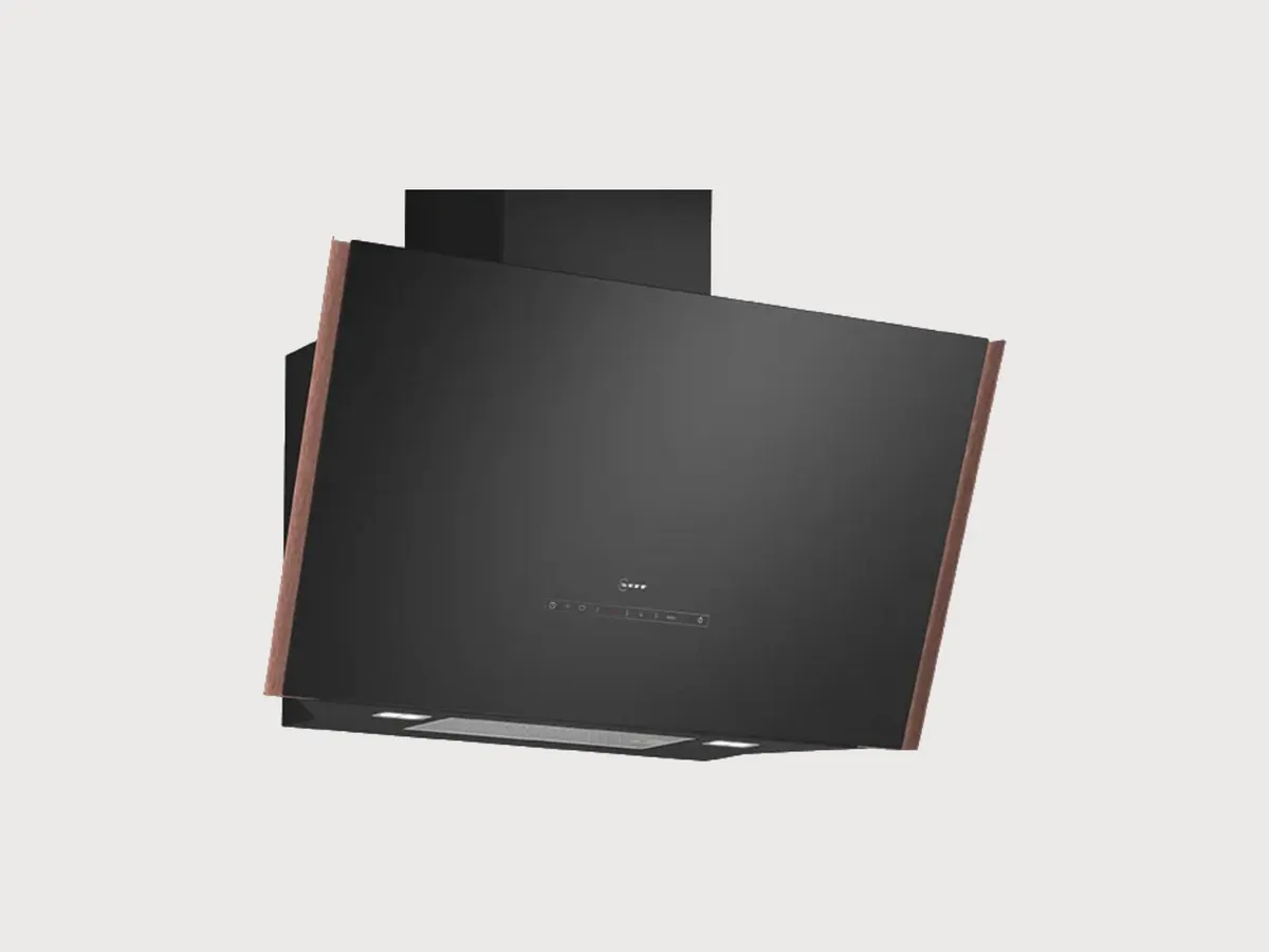 Sleek black kitchen hood with wood accents and touch controls, designed for modern kitchens to efficiently ventilate cooking odors.