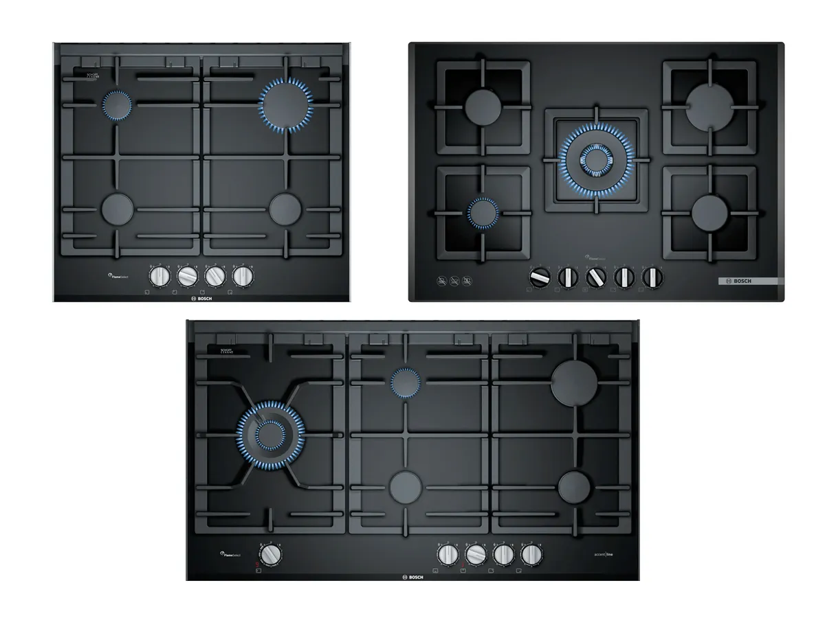Four black gas cooktops showcasing various burner configurations and knobs, featuring indicators for heat control.