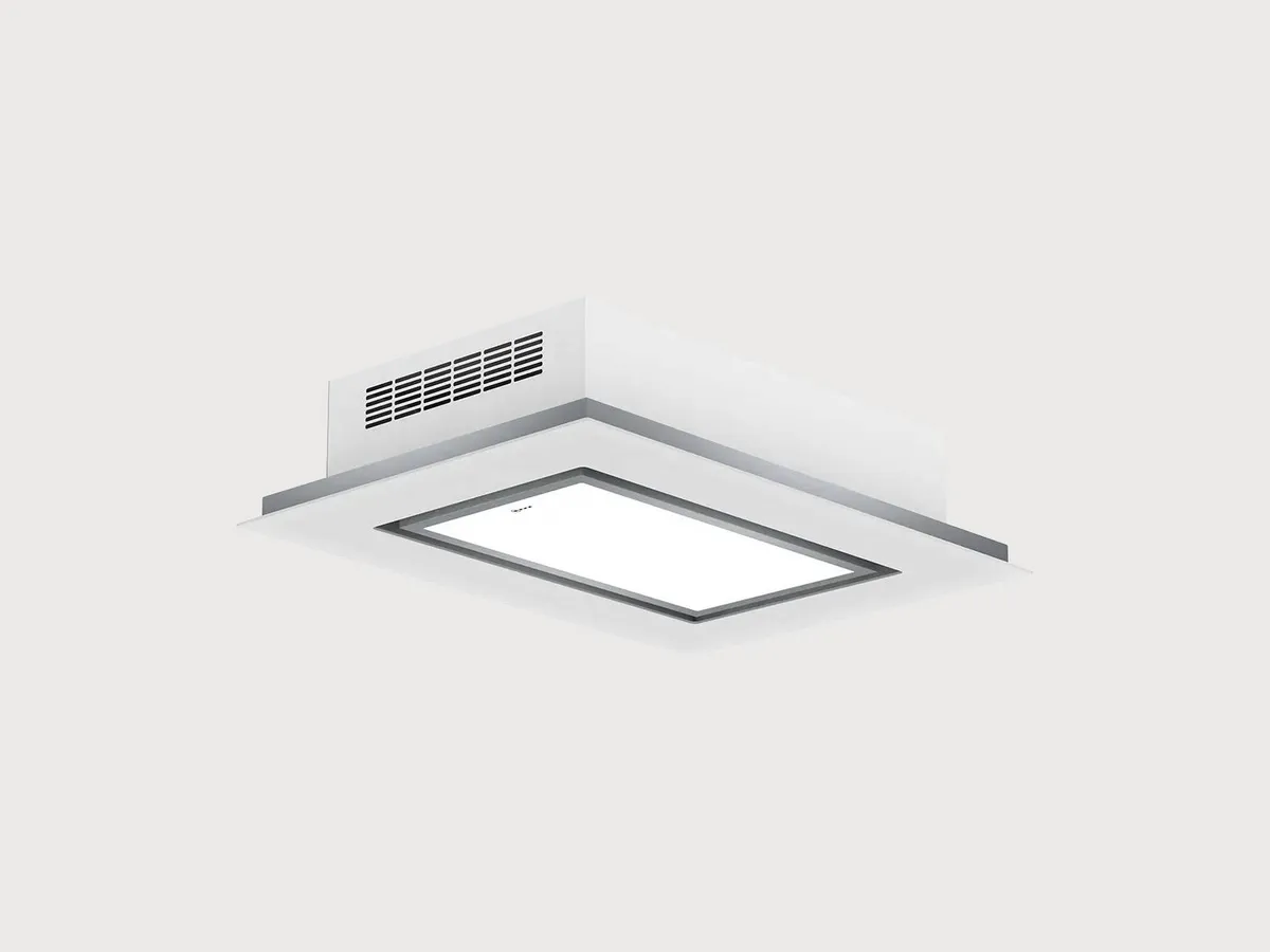 Modern ceiling-mounted light fixture with a sleek design, featuring a rectangular LED panel and ventilation slats in silver.