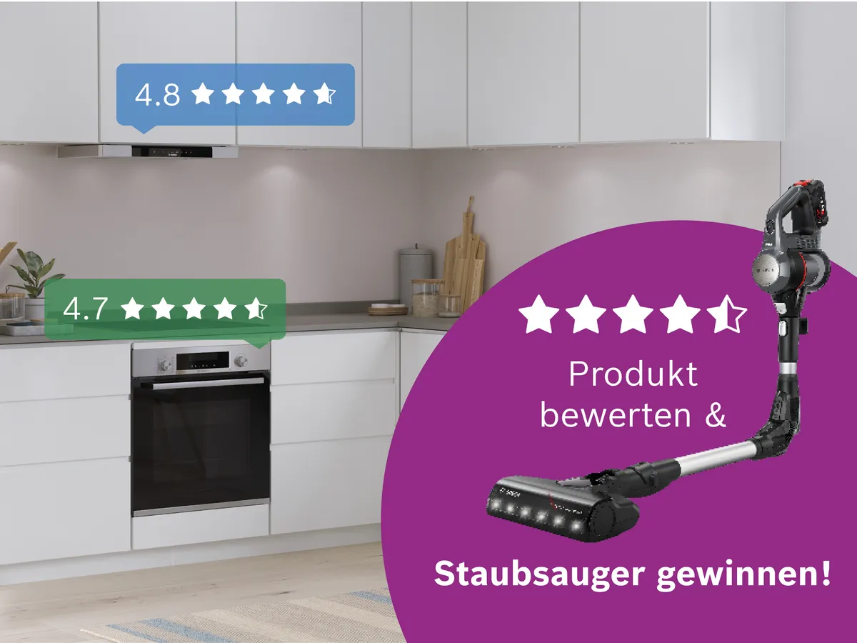 Person mit Staubsauger in heller Küche, zeigt 4,8 Sterne und wirbt für ein Gewinnspiel