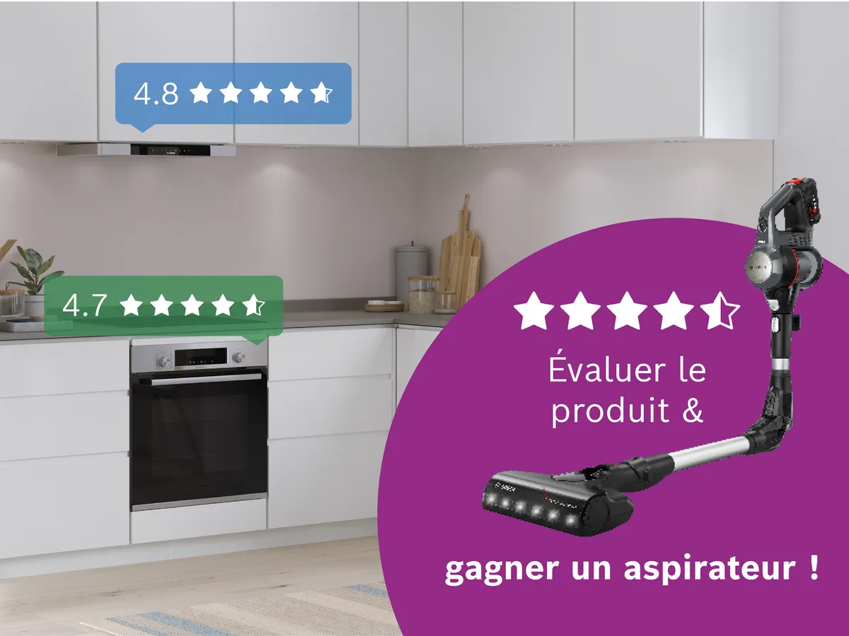 Une personne avec un aspirateur dans une salle à manger lumineuse, affichant 4,8 étoiles et une promo