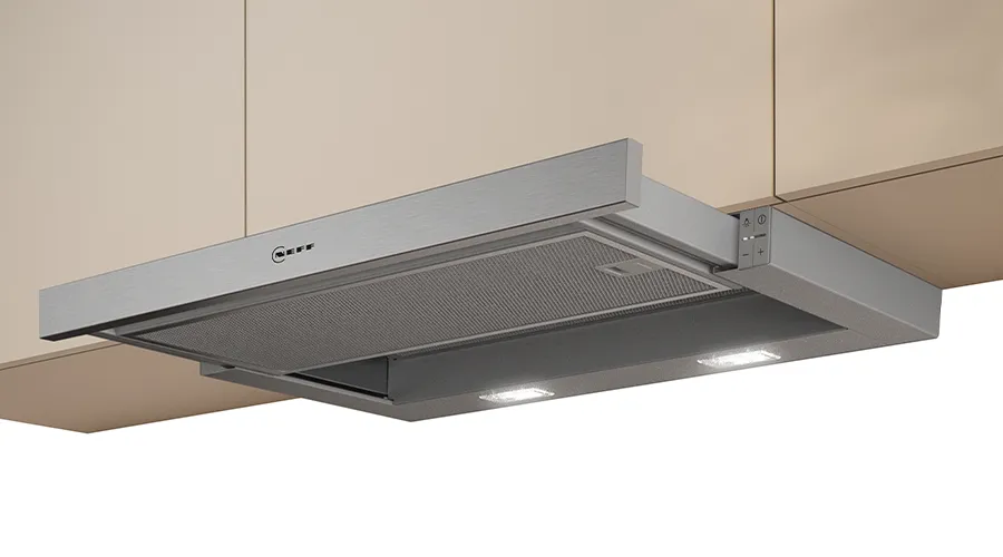 A sleek, silver under-cabinet range hood with perforated design, control buttons, and integrated lighting for kitchen use.