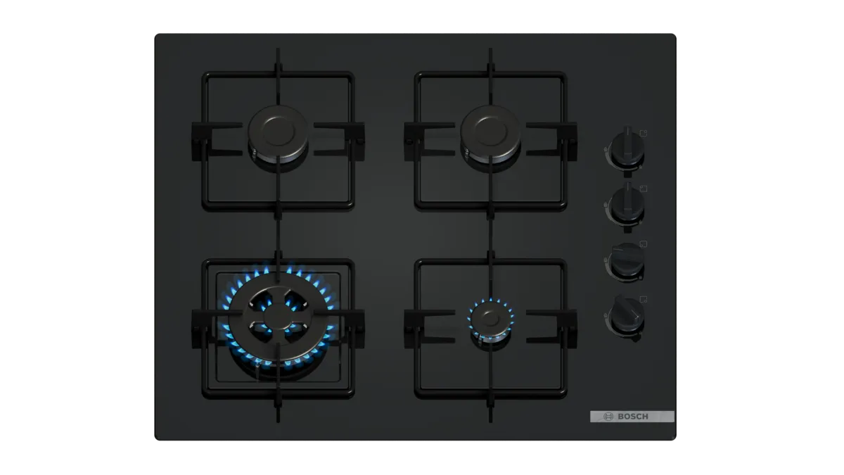 Fire sorte gaskogeplader, der viser forskellige brænderkonfigurationer og knapper, med indikatorer for varmeregulering.