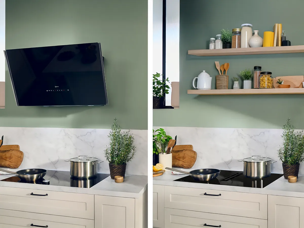 A man prepares a meal in a kitchen, surrounded by fresh vegetables and using a venting hob for cooking.  