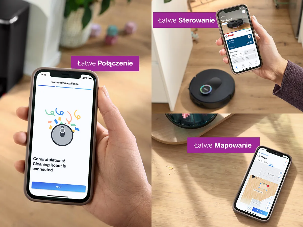 Dłoń trzymająca iPhone pokazujący robota Spotless połączonego z aplikacją Bosch Home Connect.