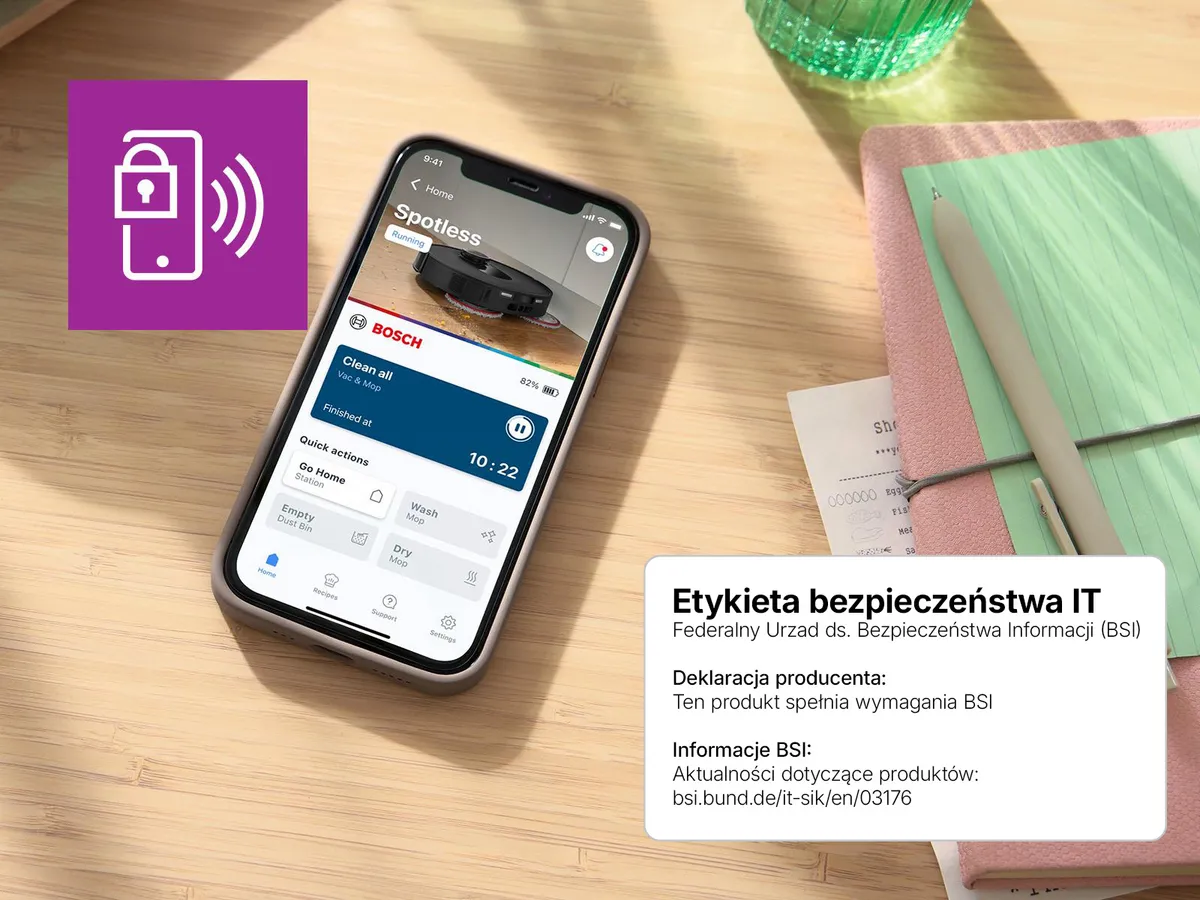 Smartfon na stole ze śniadaniem pokazujący stronę profilu robota Spotless w aplikacji Bosch Home Connect.