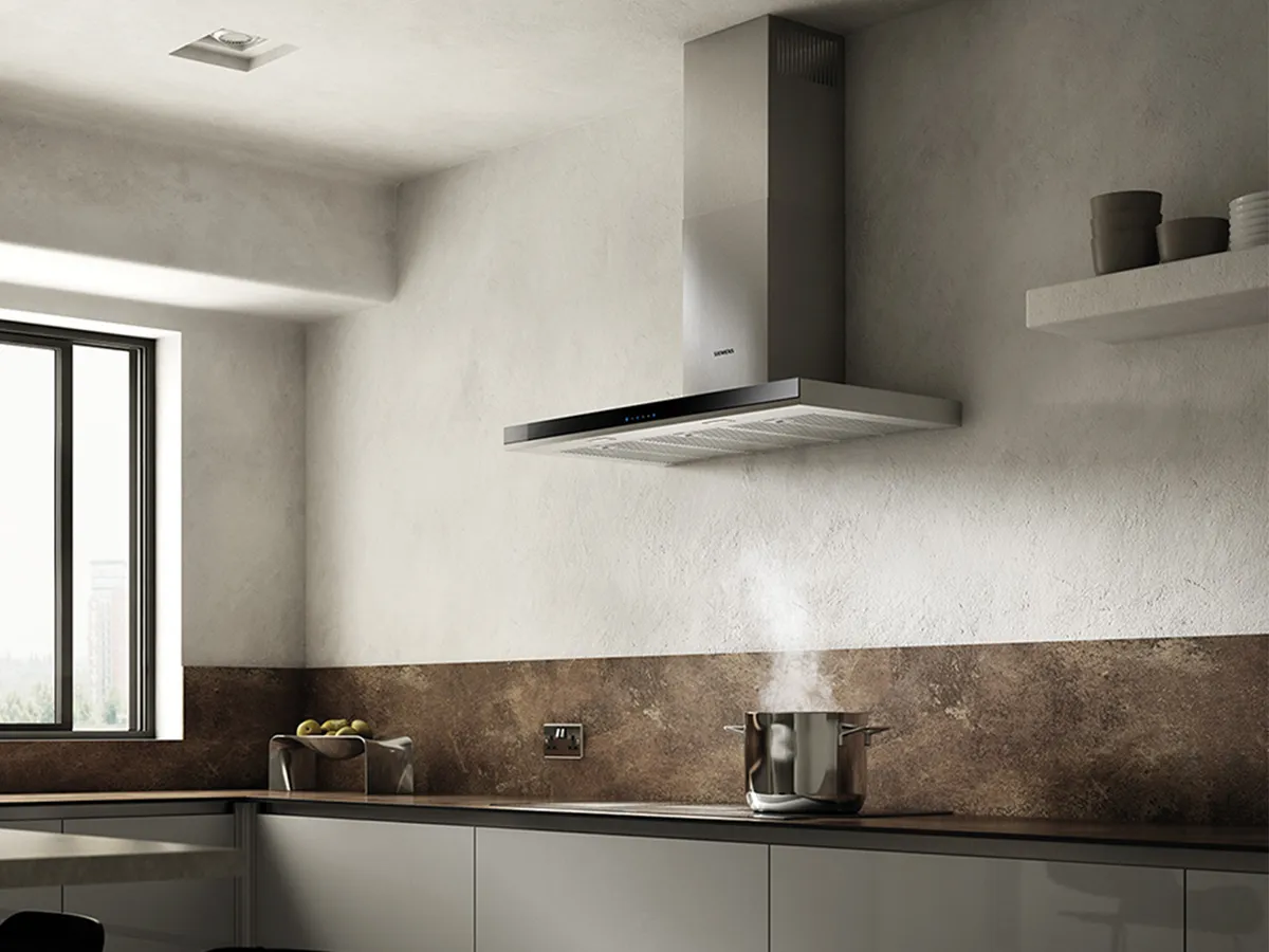 Siemens chimney hood in a neutral coloured kitchen