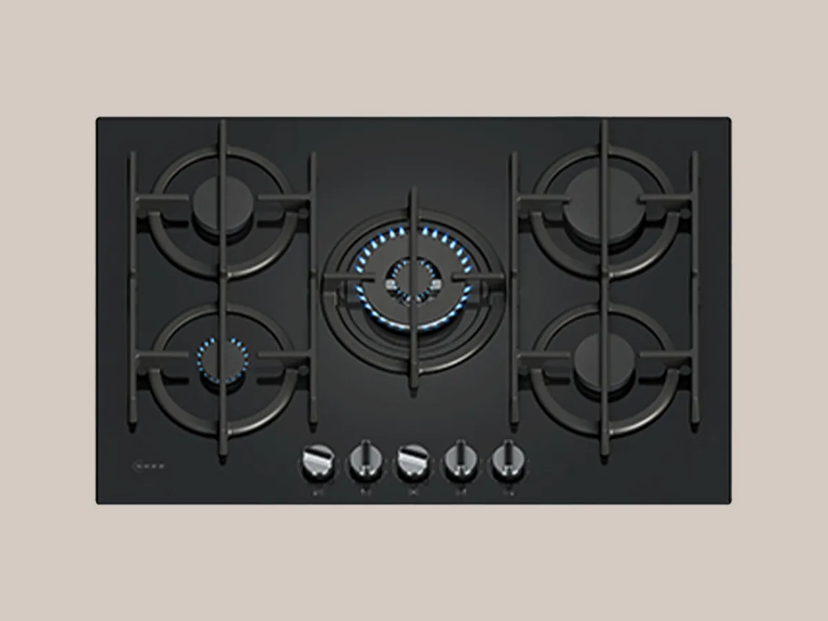 A modern black gas cooktop featuring four burners, including one with blue flames, and control knobs for temperature adjustment.