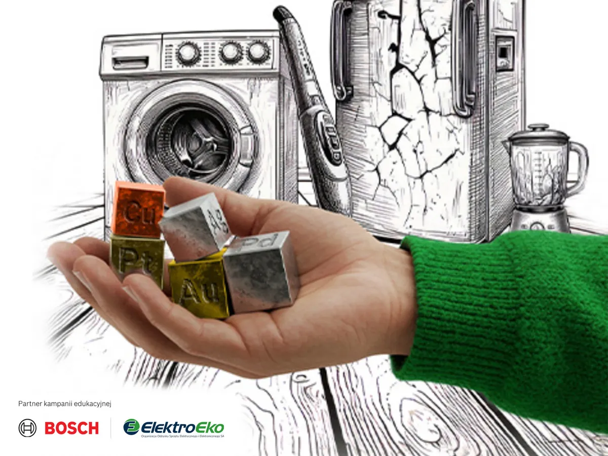 Ręka trzymająca kolorowe kostki przed pralką Bosch, lodówką i blenderem. 