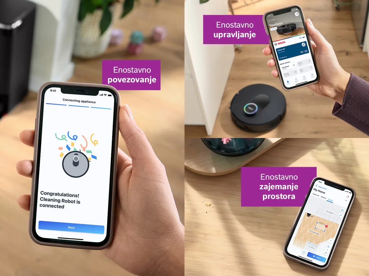 Roka drži iPhone, na katerem je prikazan Spotless, povezan z aplikacijo Bosch Home Connect.