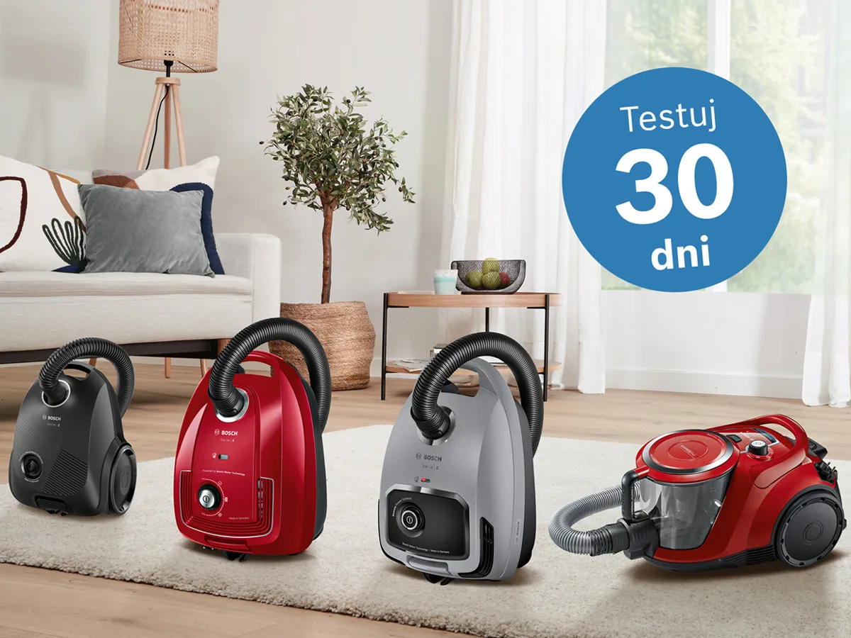 Odkurzacze Bosch w salonie, oferta testowania przez 30 dni. Praktyczny i nowoczesny design w różnych kolorach.