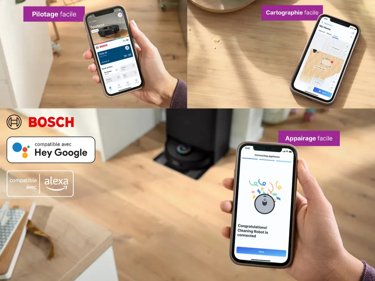 Main tenant un iPhone, affichant Spotless connecté à l'application Bosch Home Connect.