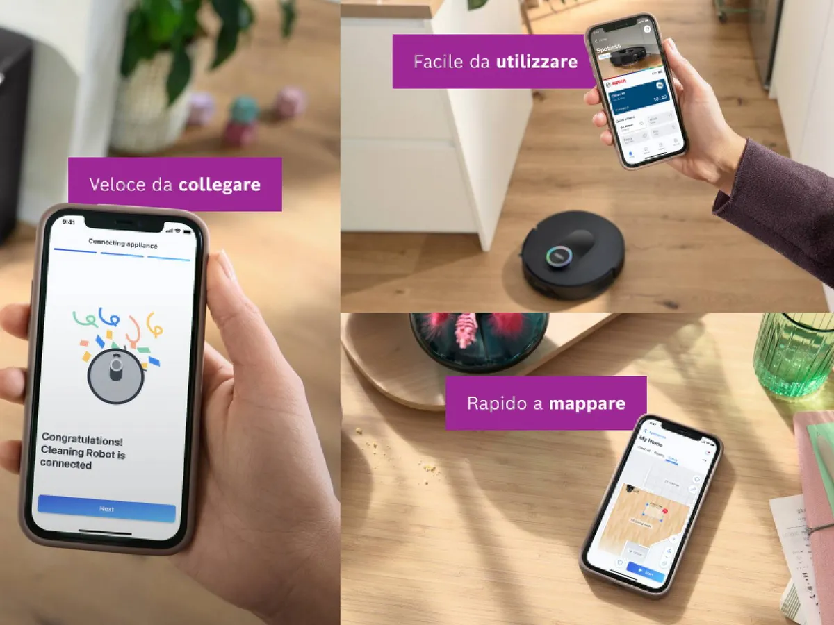 Una mano tiene un iPhone che mostra Spotless connesso all'app Bosch Home Connect.