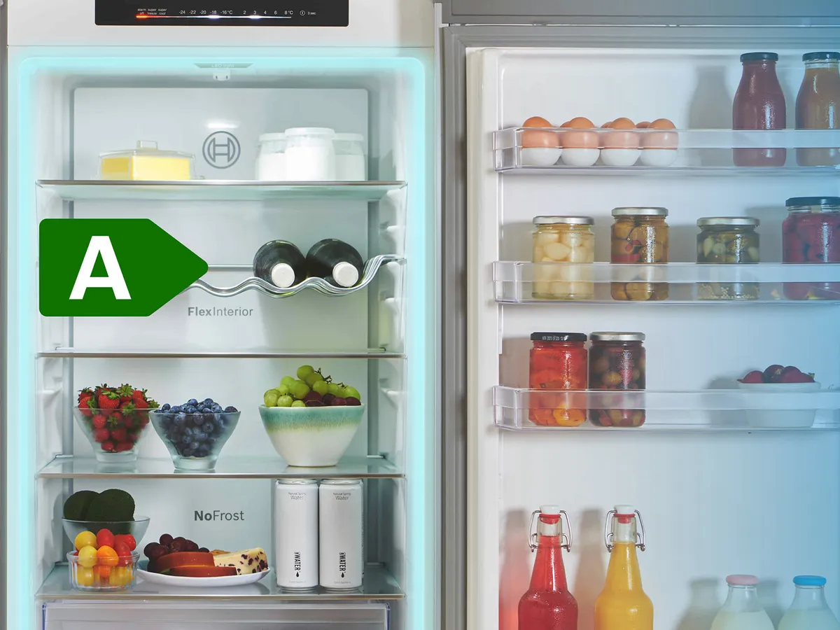 Open fridge freezer with A rated energy overlay