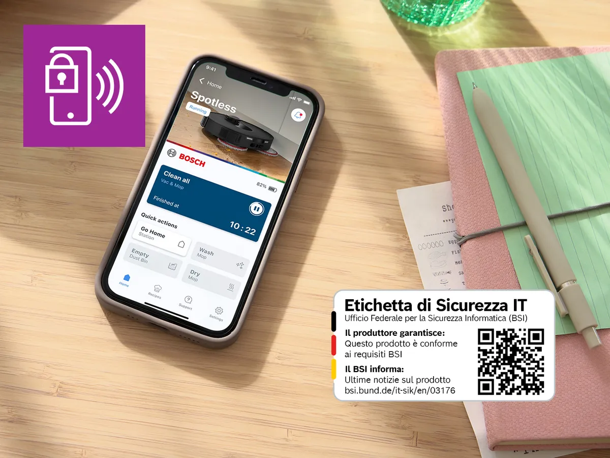 Uno smartphone sul tavolo da colazione mostra la pagina del profilo di Spotless nell'app Bosch Home Connect.