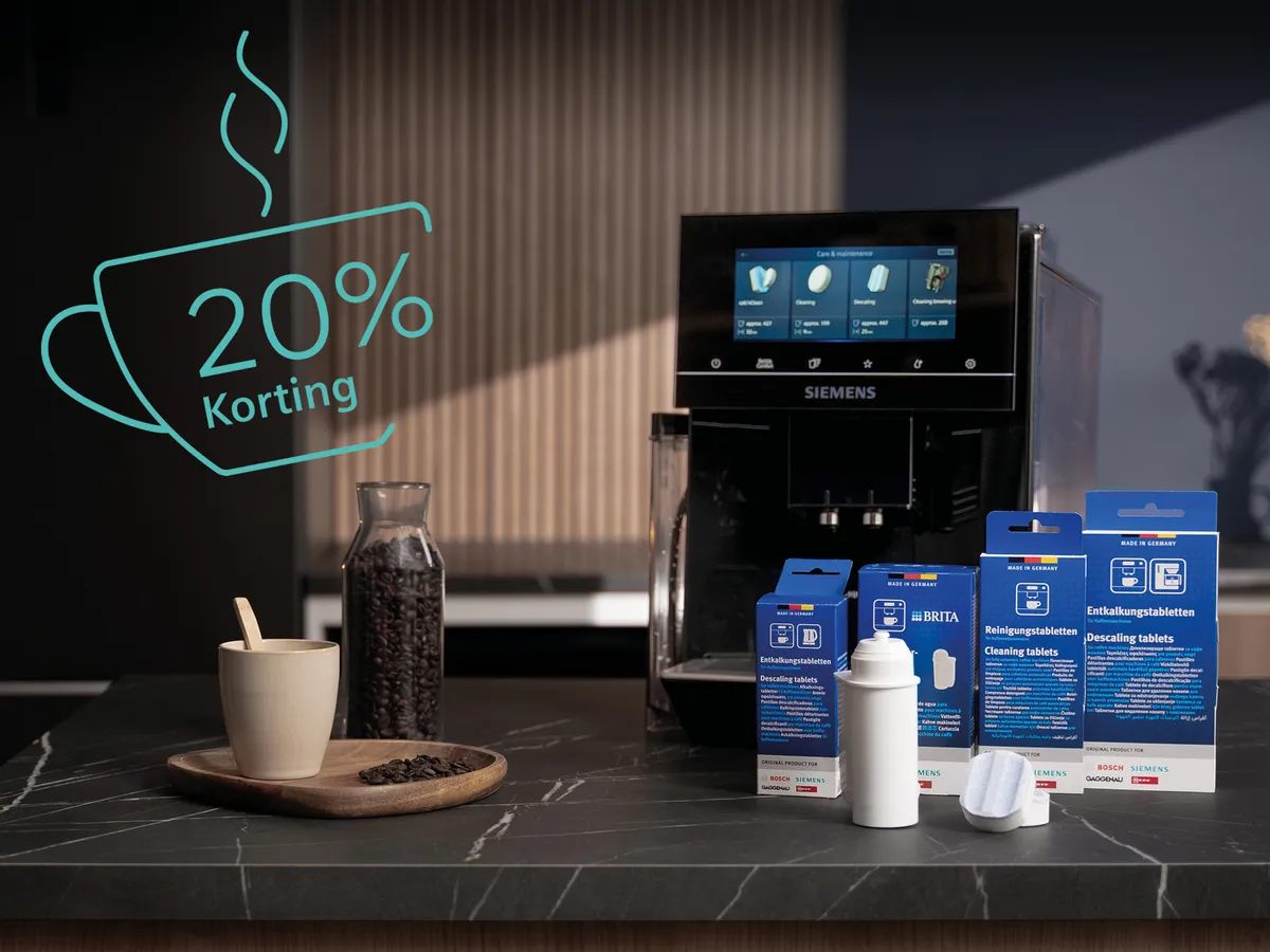 Koffieapparaat met koffie en reinigingsmiddelen. Ook button met tekst 20% korting
