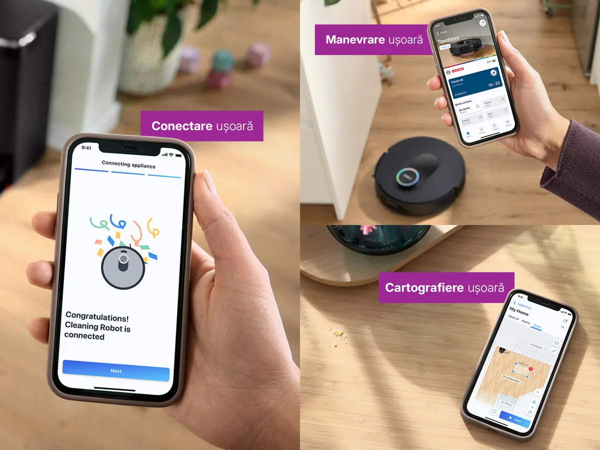 O mână ține un iPhone, afișând Spotless conectat la aplicația Bosch Home Connect.