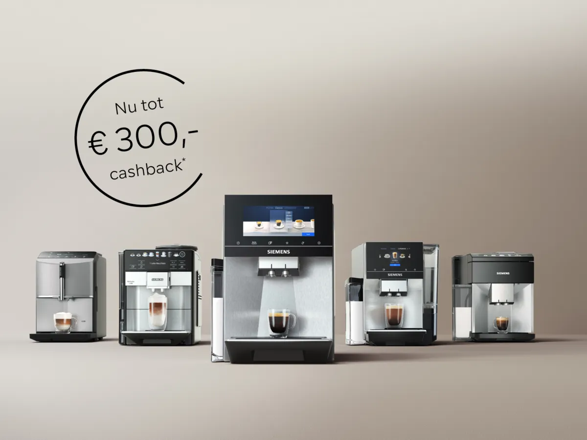 Verschillende series Siemens EQ espresso volautomaten op een rij met tot 300 euro cashback.