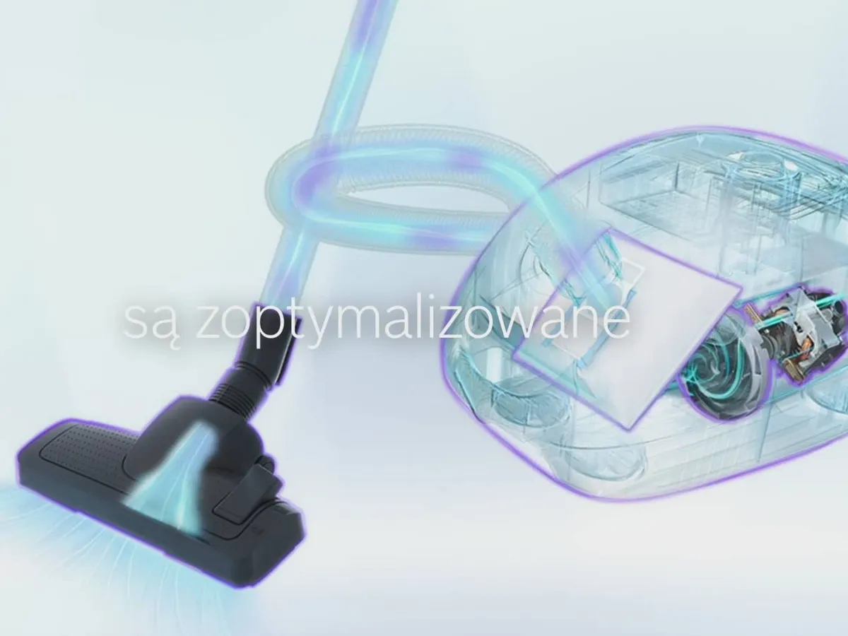Przezroczysty odkurzacz bezworkowy Bosch z napisem 'są zoptymalizowane'.