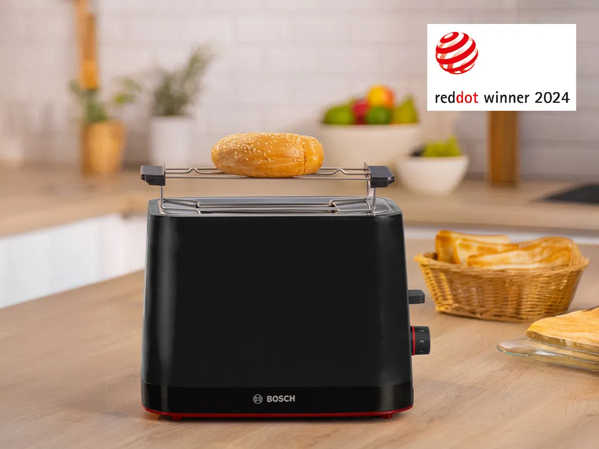 MyMoment toaster on a kitchen top in black.