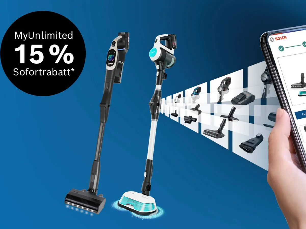 Zwei moderne Staubsauger werden vor einem blauen Hintergrund präsentiert, mit einem "MyUnlimited 15% Sofortrabatt*" Werbeschild.