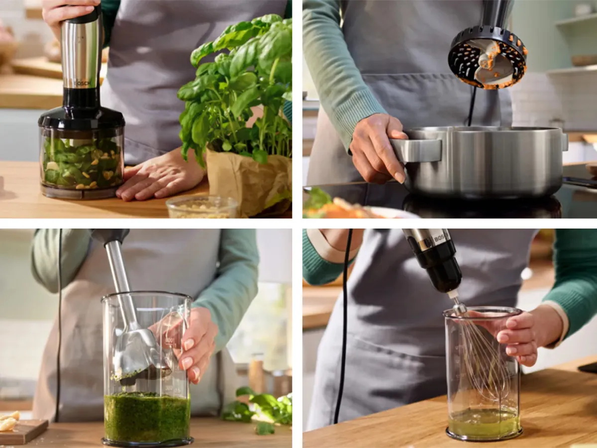 Mozaik od četiri slike koje prikazuju različite ručne miksere, od kojih svaki ima jedinstven dizajn i funkciju.