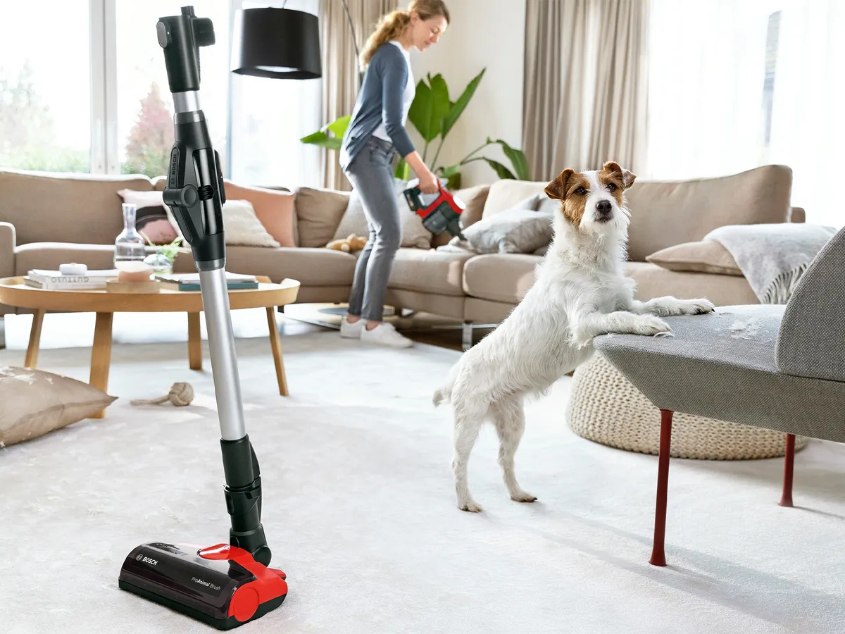 Unlimited 7 vacuum in foreground with dog standing against chair
