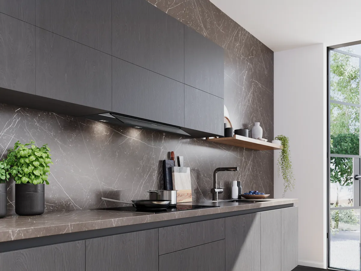A sleek Siemens kitchen hood installed under wooden cabinetry, emitting steam with built-in lights illuminating the cooking area.
