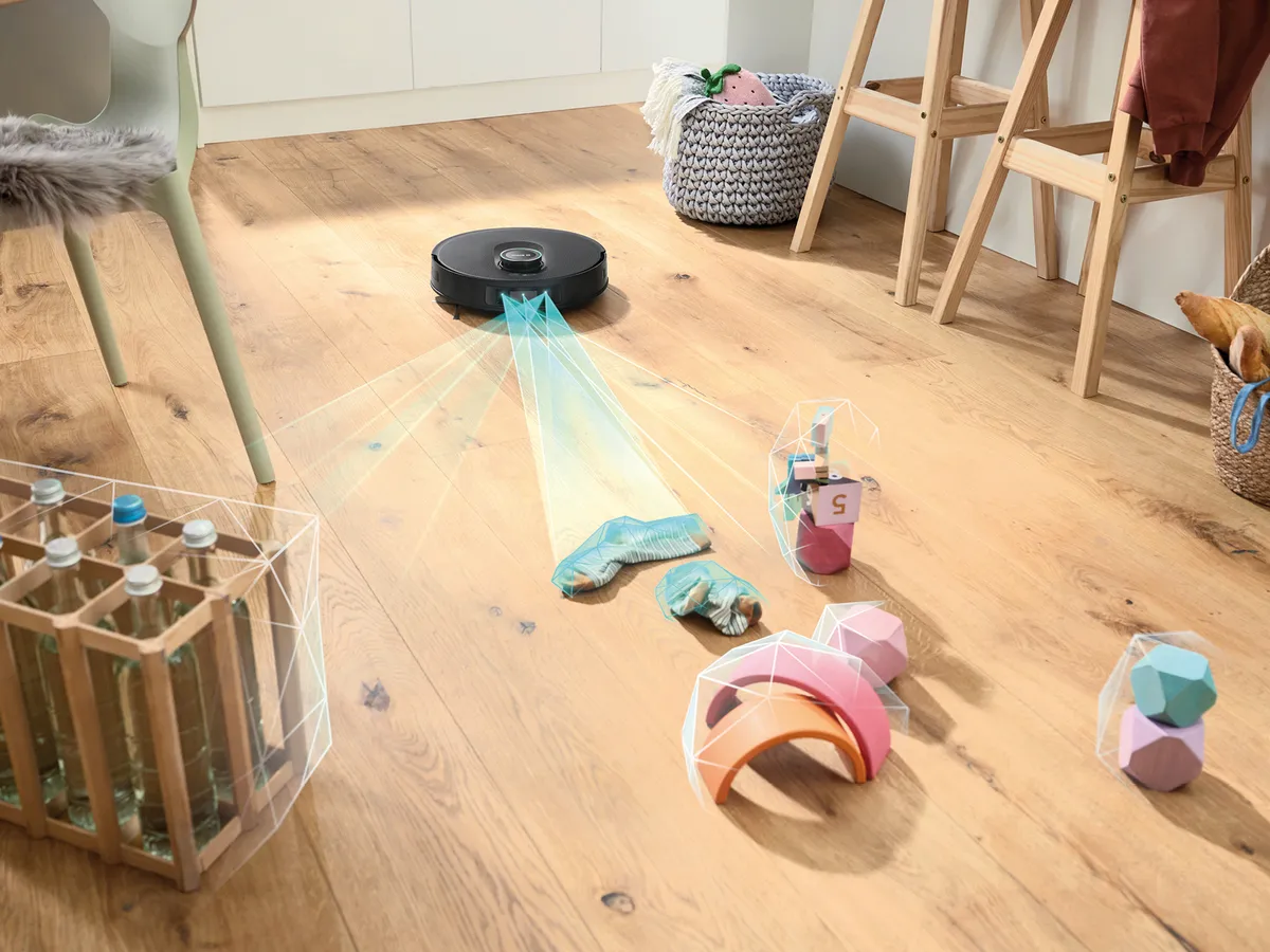 Visualisierung der intelligenten Navigation von Bosch Saugrobotern: Ein Saugroboter scannt die Umgebung mithilfe von Lasertechnologie.