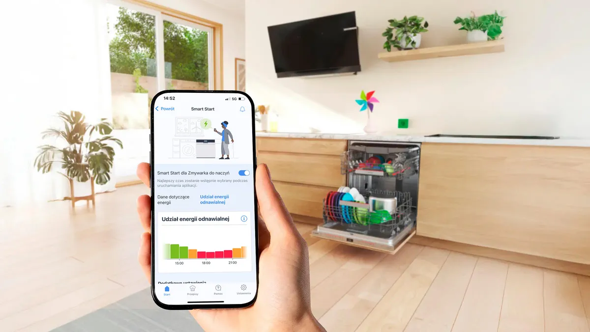 Dłon trzyma smartfon na tle zmywarka