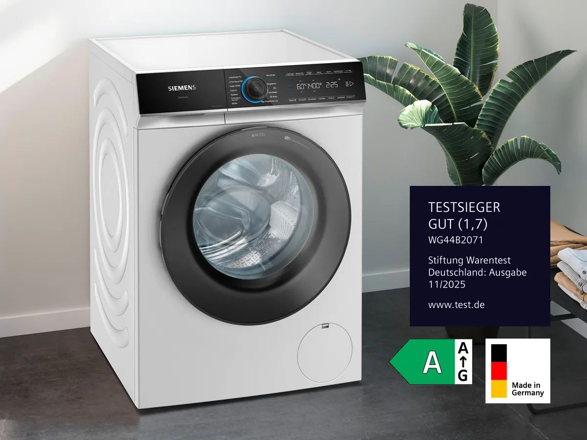 Siemens Waschmaschine WG44B2071, die von Stiftung Warentest Deutschland als Testsieger ausgezeichnet wurde.