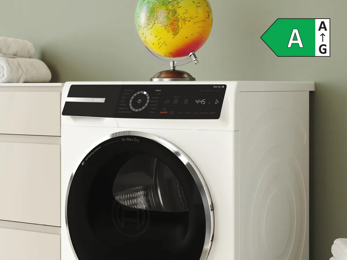 Droger met een wereldbol bovenop geeft label a aan.