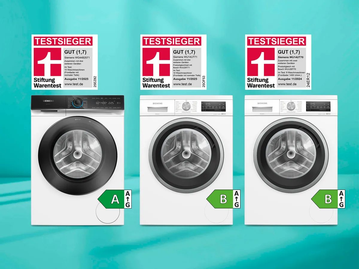 Petrolfarbener Hintergrund. Im Vordergrund drei Siemens Testsieger Waschmaschinen. Ausgezeichnet von Stiftung Warentest.