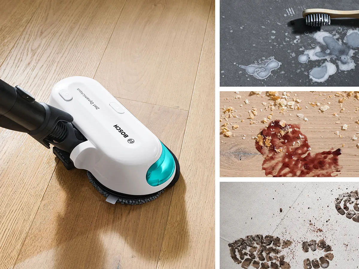 Collage of Bosch prohygienic aqua vacuum and mop cleaning the floor.